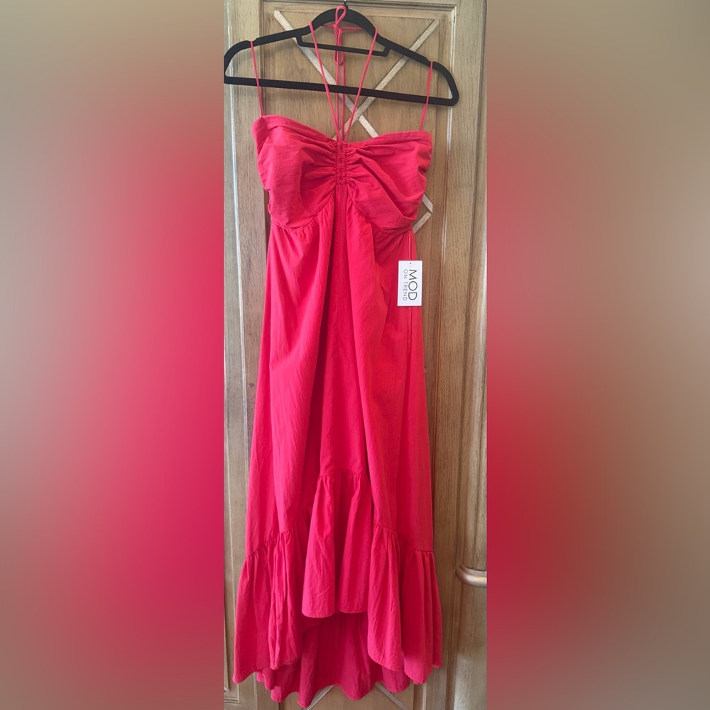 Red Halter High-Low Summer Dress with Smocked Bodice